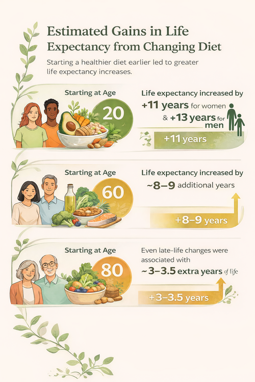 The estimated gains in life expectancy depended on when the dietary shift began, the are substantial across the lifespan