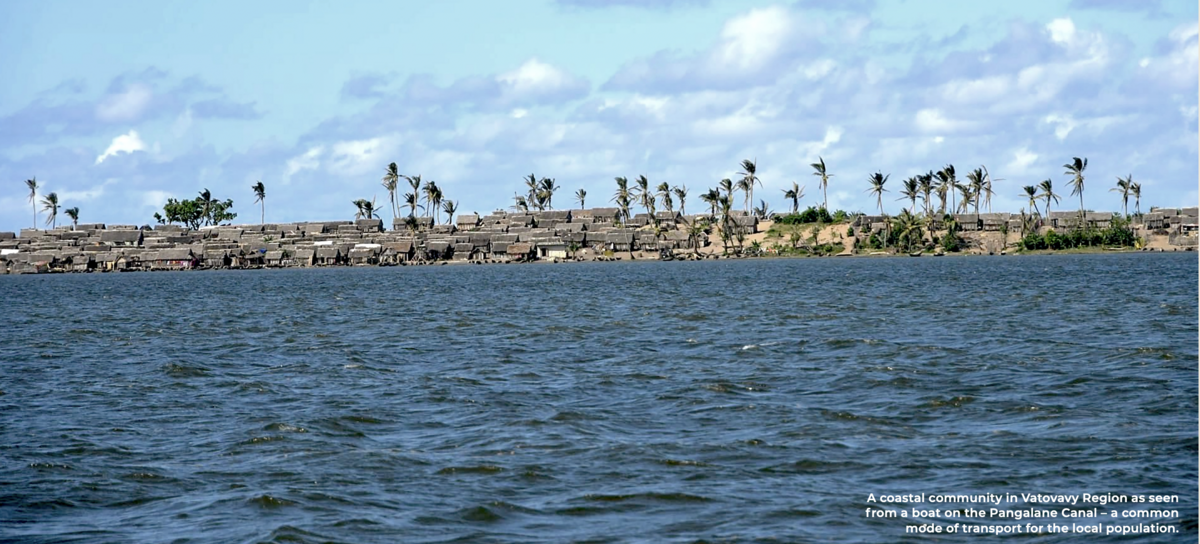 A coastal community in Vatovavy Region as seen from a boat on the Pangalane Canal – a common mode of transport for the local population.